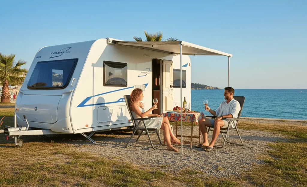 Jong stel op vakantie met gehuurde Rentac caravan in Frankrijk