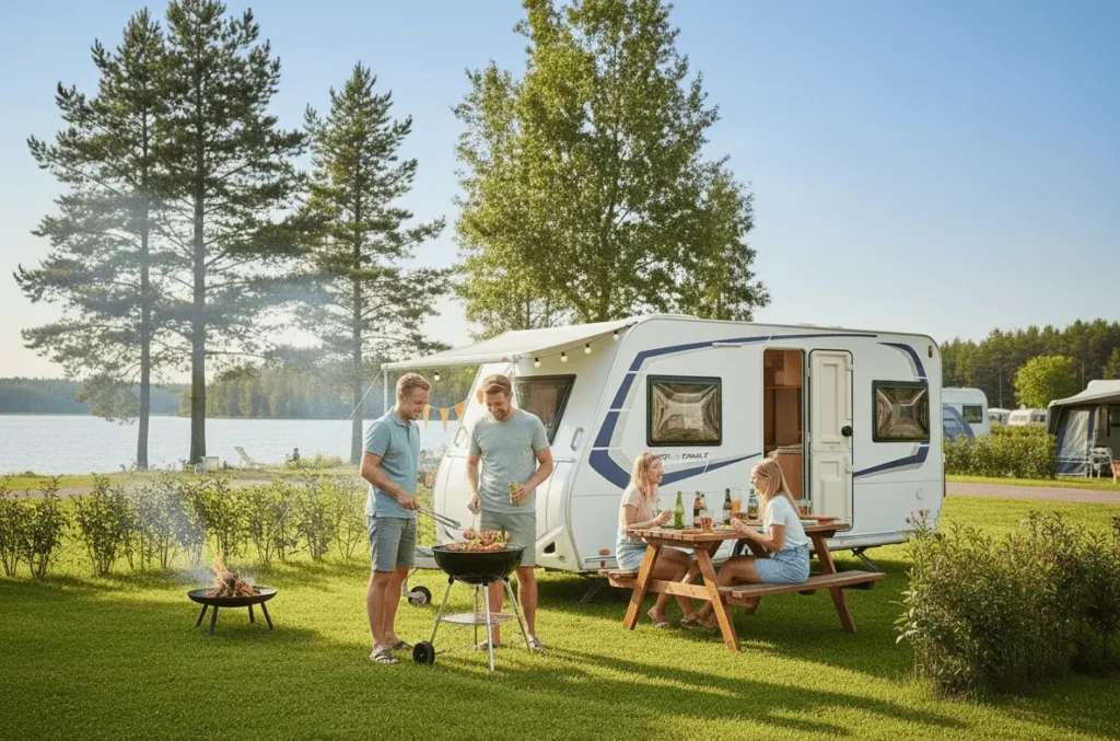Vrienden op vakantie met gehuurde Rentac caravan in Zweden